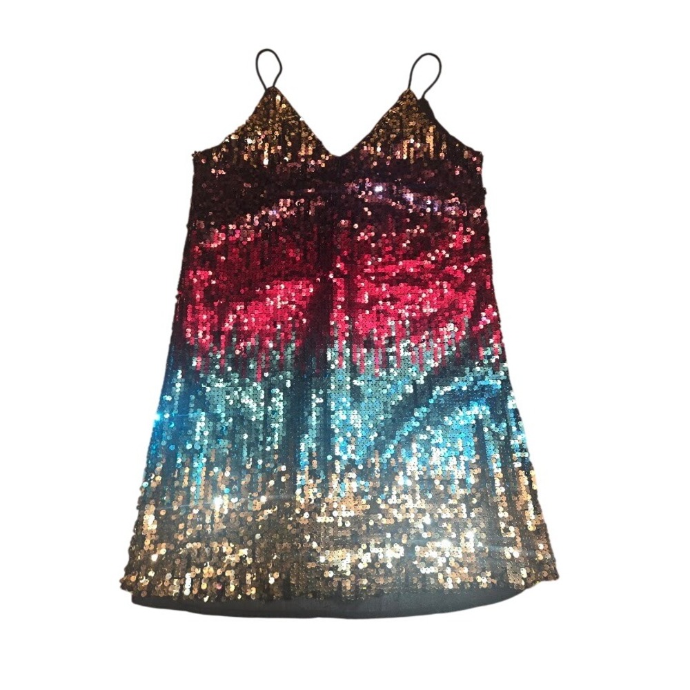 Ombre Sequin Mini Dress Spaghetti Strap V-Neck Red Teal Gold XS AF00929